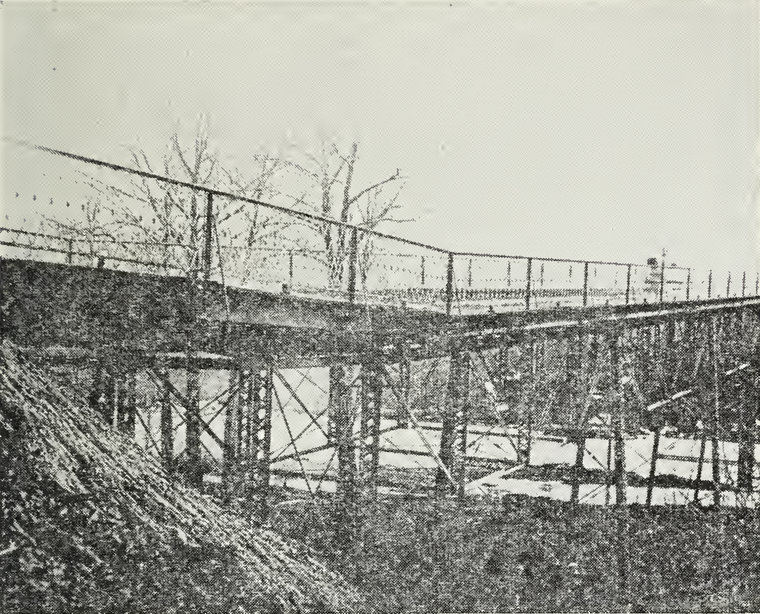 Grainy black-and-white photo of an iron trestle bridge with a thin railing, its deck sagging slightly in the middle, set against bare trees and a pale sky.