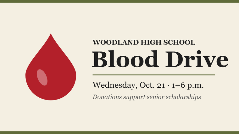 Graphic announcing the Woodland High School blood drive, Wednesday, Oct. 21, 1 to 6 p.m.