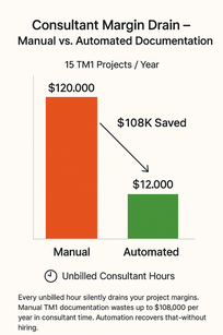 Bar chart comparing manual and automated TM1 documentation time per project.&nbsp;