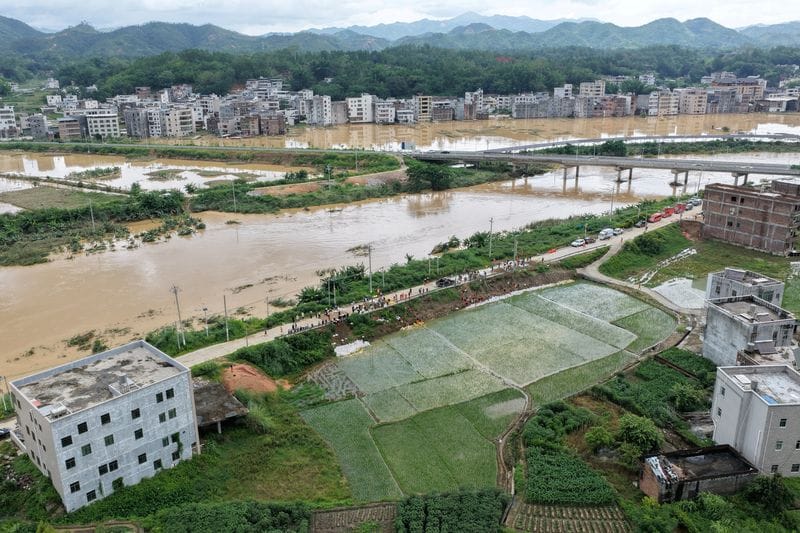 Villages are surrounded by floodwaters after heavy rainfall under the influence of Typhoon Noul in Guangdong