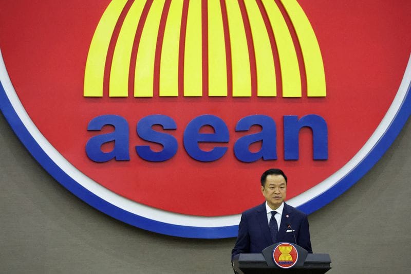 Thailand's Prime Minister Anutin Charnvirakul gives a speech during his visit to the Association of Southeast Asian Nations (ASEAN) Secretariat in Jakarta