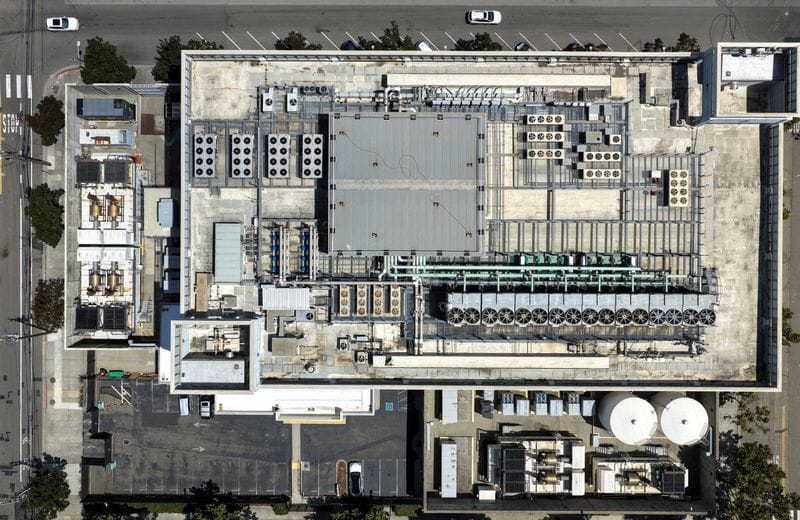 Drone view of a data center in Oakland, California