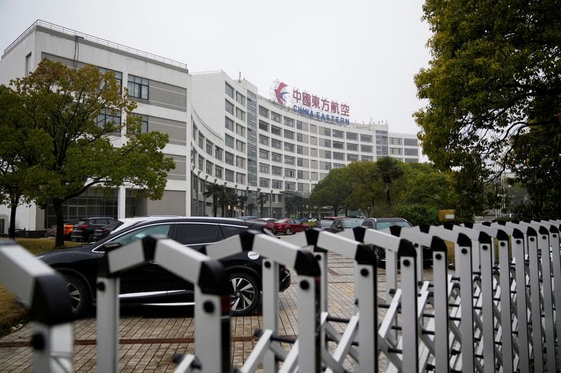 The logo of China Eastern Airlines is pictured at China Eastern Airlines Headquarters in Shanghai