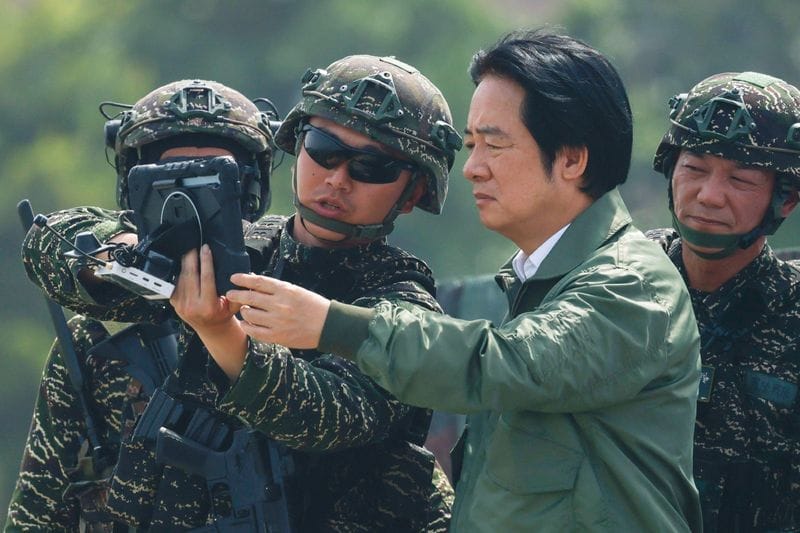 Taiwanese President Lai Ching-te attends a drone demonstration during the annual Han Kuang military exercises at a navy base in Kaohsiung