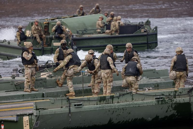U.S. and South Korean forces participate in river-crossing exercise as part of annual Freedom Shield military drills, in Yeoncheon