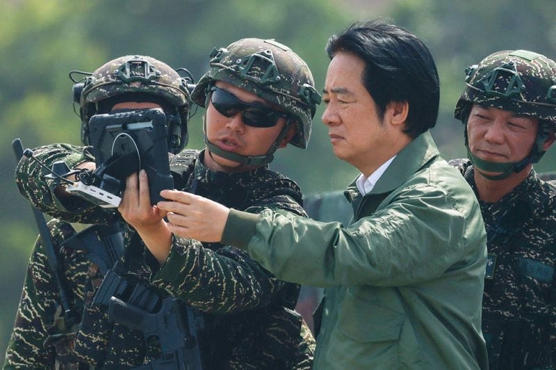 Taiwanese President Lai Ching-te attends a drone demonstration during the annual Han Kuang military exercises at a navy base in Kaohsiung