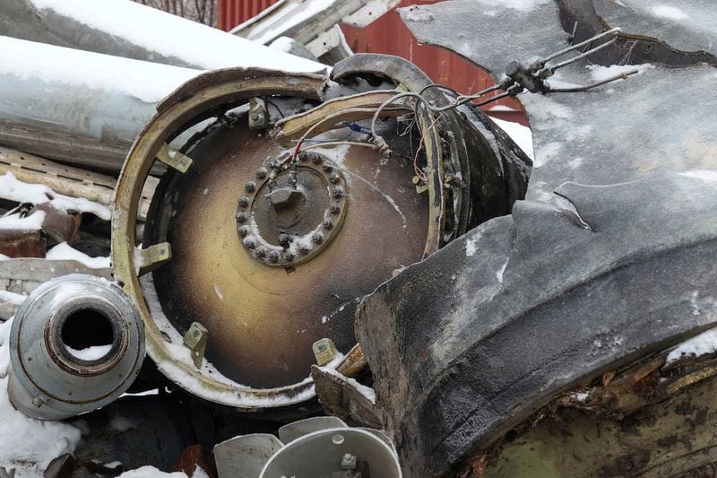 FILE PHOTO: View shows parts of an unidentified missile, which Ukrainian authorities believe to be made in North Korea, in Kharkiv