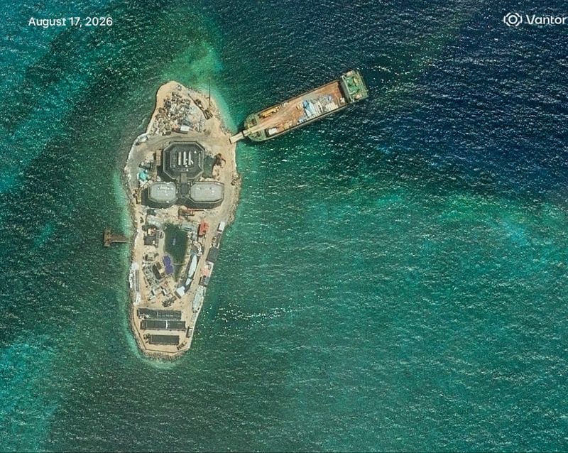 A satellite view of Yagong Reef in the Crescent Group of the Paracel Islands of the South China Sea