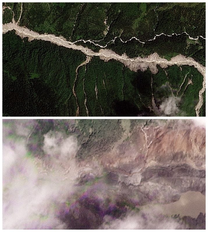 A combination of satellite images shows a site at the border of Nepal and Tibet Autonomous Region, China, before and after a barrier lake formed as a result of flash floods and a mudslide