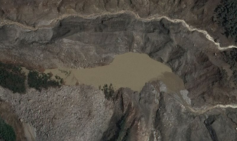 Satellite image shows one of two lakes at the site of the glacial collapse,in the border area between Nepal and Tibet Autonomous Region, China