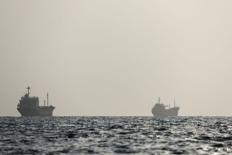 Vessels in the Strait of Hormuz are visible near the beach of Bandar Abbas