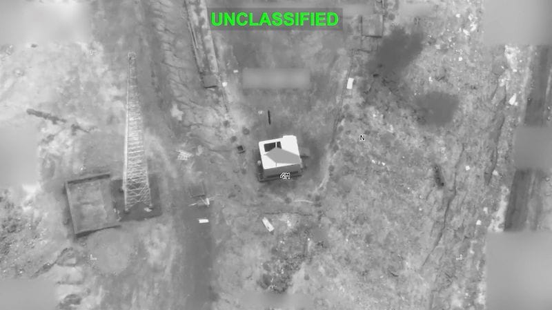 A screengrab from a video shows what U.S. Central Command says was a U.S. strike on an Iranian military target