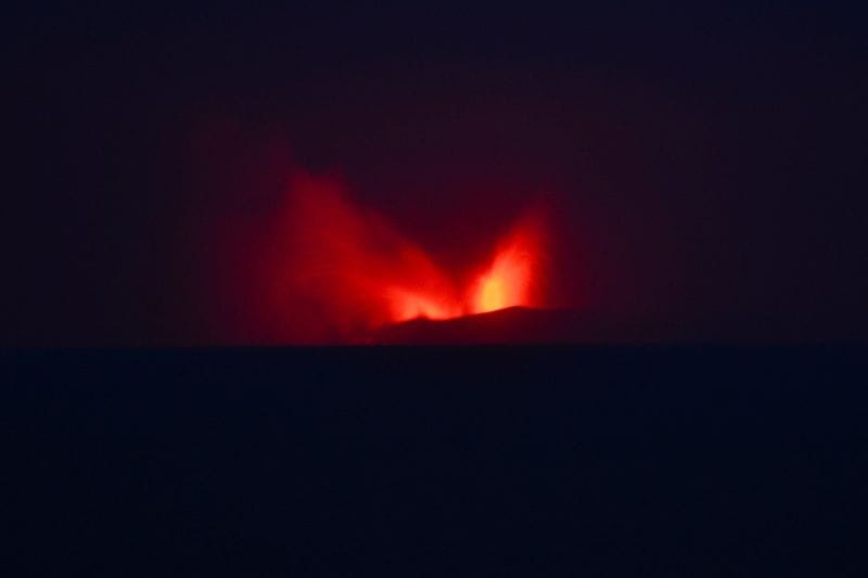 Mount Anak Krakatau volcano spews hot lava as seen from Pasauran village in Serang