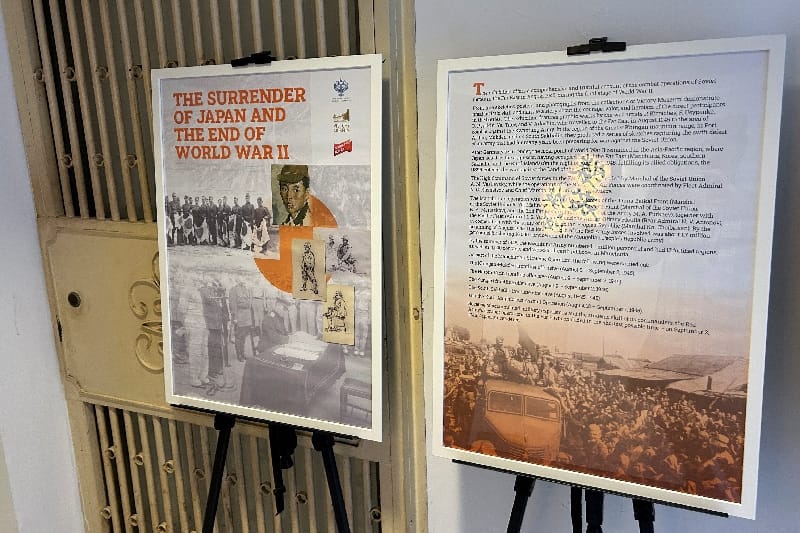 Posters displaying Russia's role in World War Two in East Asia at an exhibition in Taipei