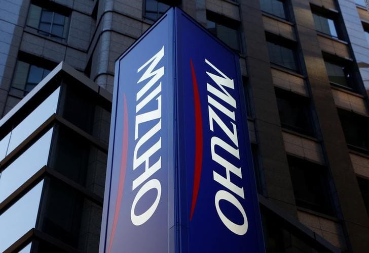Mizuho Bank's signboard is pictured in Tokyo