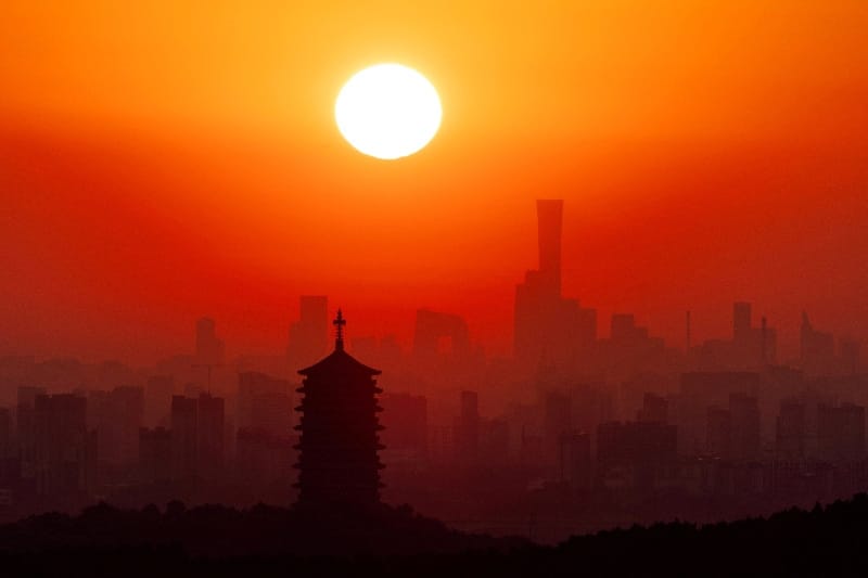 Yongding Pagoda at sunrise, in Beijing