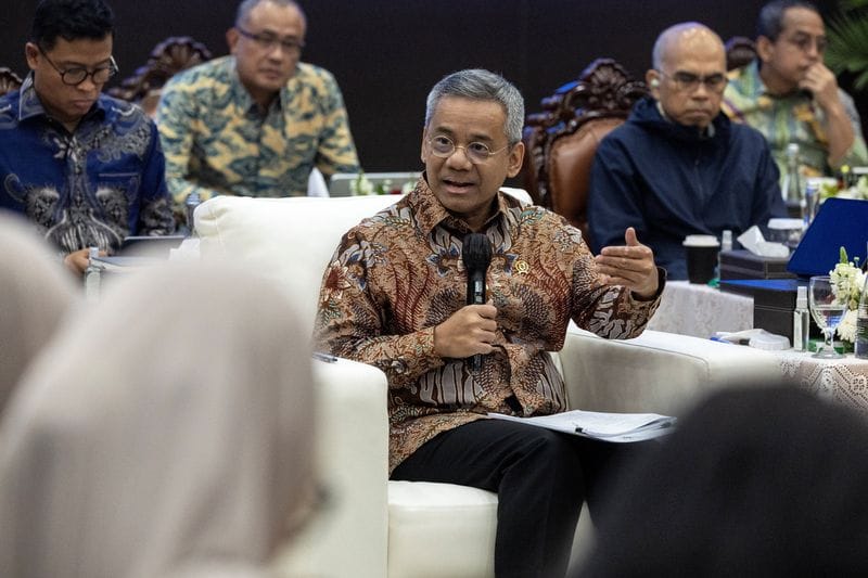 Indonesia's finance minister Suahasil Nazara speaks during a presser in Jakarta