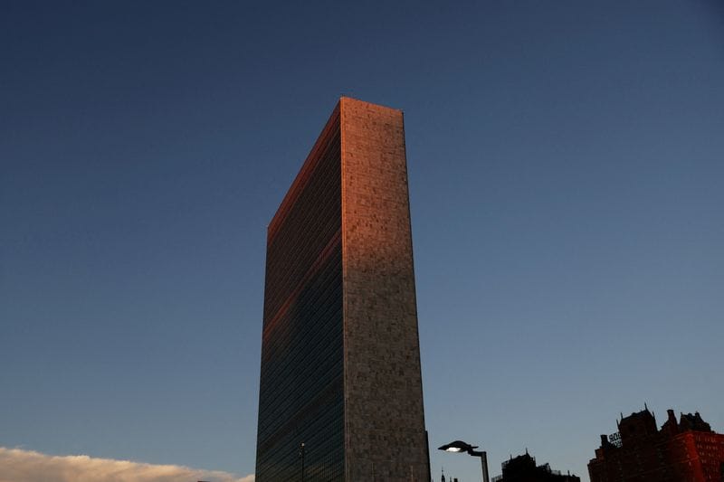 FILE PHOTO: The United Nations building is seen at sunrise during the 77th Session of the United Nations General Assembly at the U.N. Headquarters in New York City