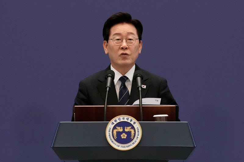 South Korean President Lee Jae Myung speaks during a press conference at the presidential Blue House in Seoul