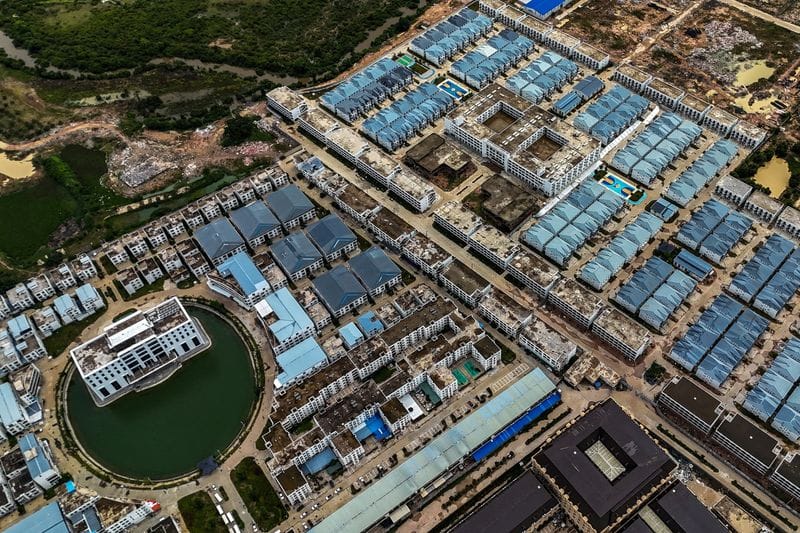 Inside the Legend Innovation Co., Ltd., also known as Meun Chey Commercial City or Legend Park, a site linked to online scam operations used for scam operations, in Prey Veng Province
