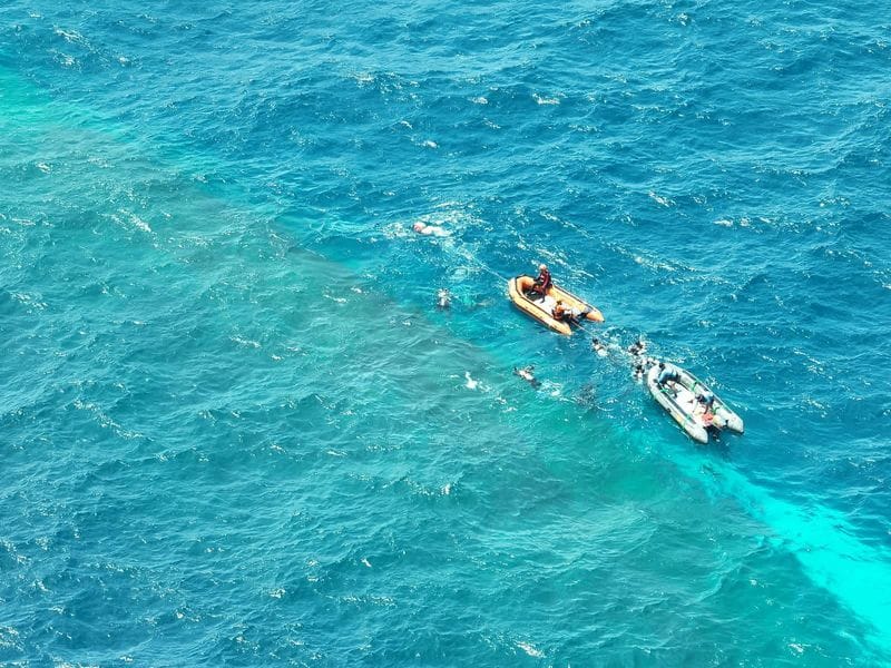Rescue members and navy personnel dive to recover victims of the Virgo Transport 8 ferry