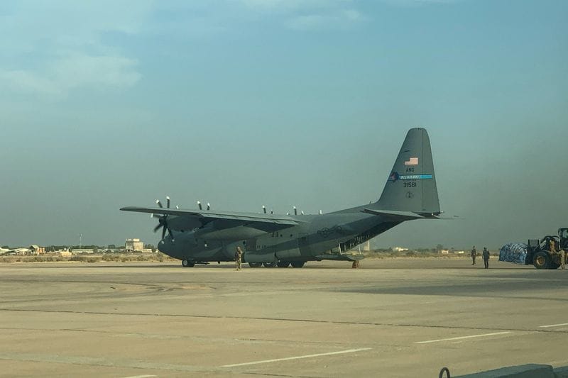 A US military transport aircraft stands at Camp Victory near Baghdad International Airport in Baghdad