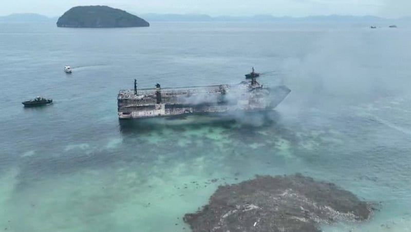 A drone view shows burned MV June Aster, after a fire broke out on the ferry, off the coast of Palawan, Philippines, September 10, 2026, in this screengrab obtained from a video. PHILIPPINE COAST GUARD/Handout via REUTERS REUTERS/PHILIPPINE COAST GUA