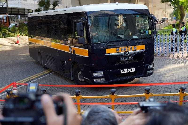 A prison van arrives at West Kowloon Law Courts Building ahead of the sentencing of former leaders of the disbanded Hong Kong Alliance in Support of Patriotic Democratic Movements of China, which organised annual Tiananmen Square vigils, in a nationa