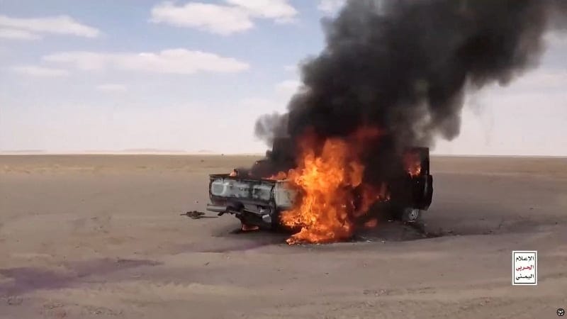 A vehicle burns after being attacked by Houthis during fighting with Saudi-backed forces at a location given as Al Jawf, Yemen, September 9, 2026. via Al Masirah REUTERS/Al Masirah