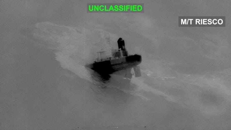 An Iranian crude oil carrier identified as M/T Riesco sinks after being struck, which U.S. Central Command says it targeted after attempted Iranian missile attacks on a U.S. Navy warship over the past two days, at a location given as the Gulf of Oman