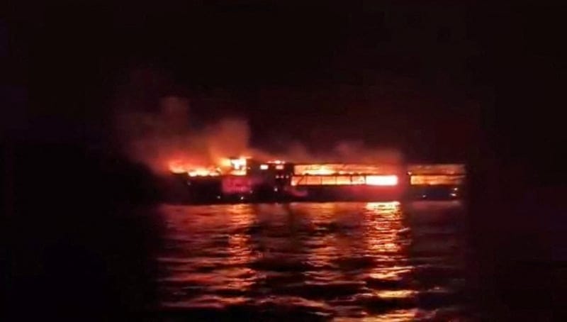 MV June Aster burns as flames and smoke rise after a fire broke out on the ferry, off the coast of Palawan, Philippines, in this screengrab taken from a handout video released on September 9, 2026. Philippine Coast Guard/Handout via REUTERS REUTERS/P