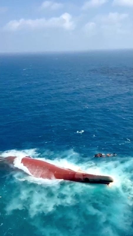 An aerial view of the Virgo Transport 8 passenger ship that capsized in Indonesia's Java sea, September 13, 2026, in this still image taken from video. BASARNAS/Handout via REUTERS REUTERS/BASARNAS