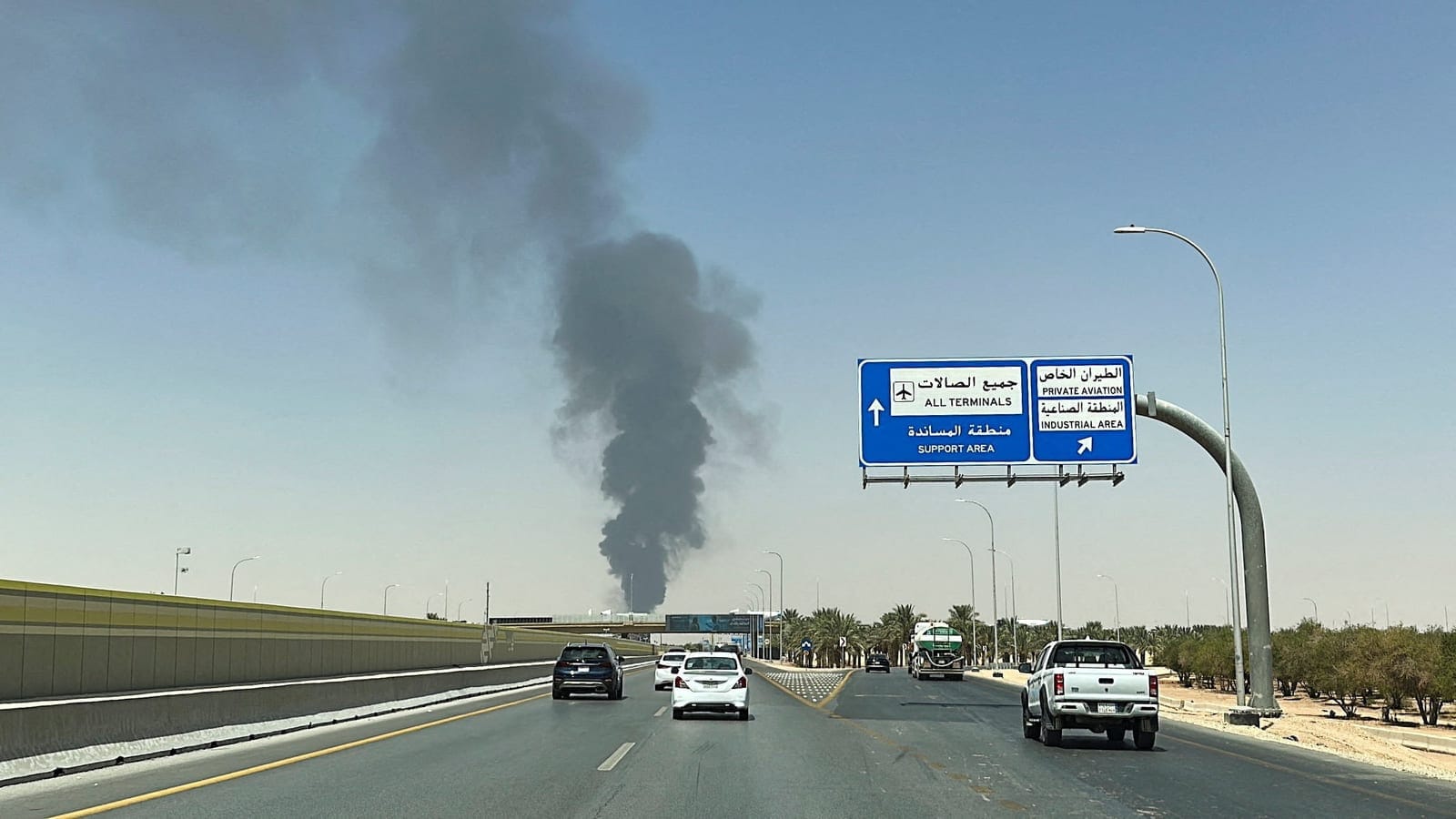 Large plume of black smoke rises from the fuel storage depot at King Khalid International Airport, in Riyadh, Saudi Arabia, September 19, 2026. Picture taken with a mobile phone. REUTERS/Stringer