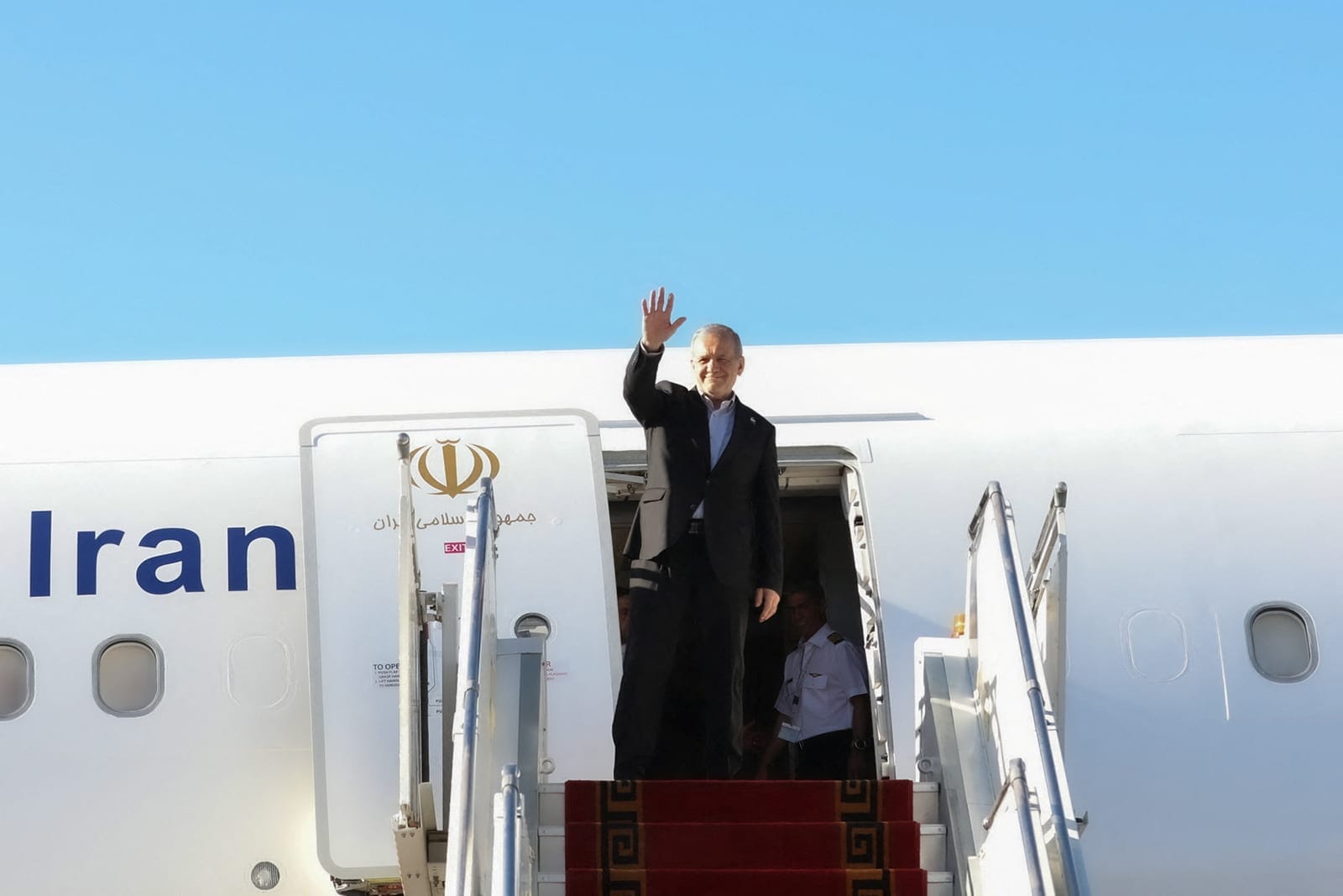 Iranian President Masoud Pezeshkian waves before departing for New York, at Mehrabad Airport in Tehran, Iran, September 22, 2026. Iran's Presidential website/WANA (West Asia News Agency)/Handout via REUTERS REUTERS/Iran's Presidential website