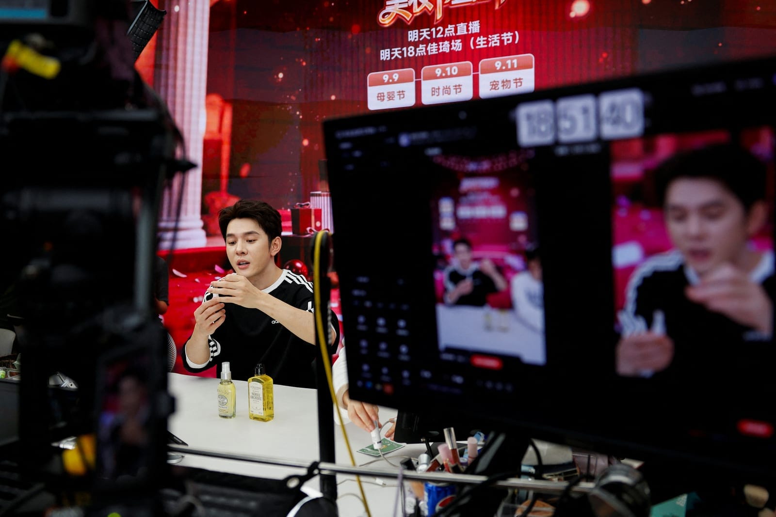 Li Jiaqi, a prominent livestreamer known for selling beauty and cosmetic products, hosts a livestream at a studio at the headquarters of MeiONE in Shanghai, China, September 7, 2026. REUTERS/Go Nakamura