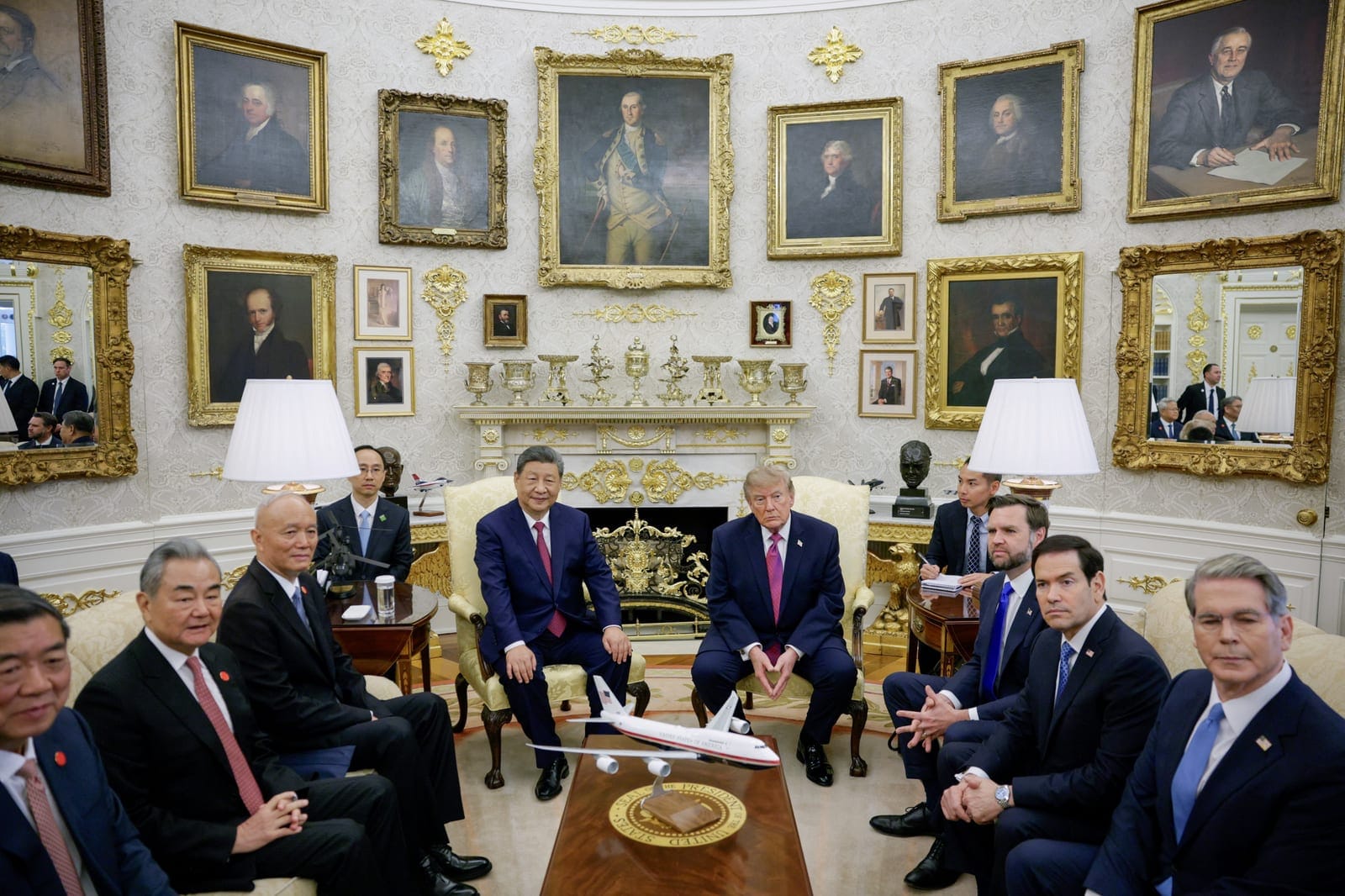 China's Vice Premier He Lifeng, US Vice President JD Vance, Secretary of State Marco Rubio and Treasury Secretary Scott Bessent attend a meeting between US President Donald Trump and Chinese President Xi Jinping in the Oval Office at the White House 