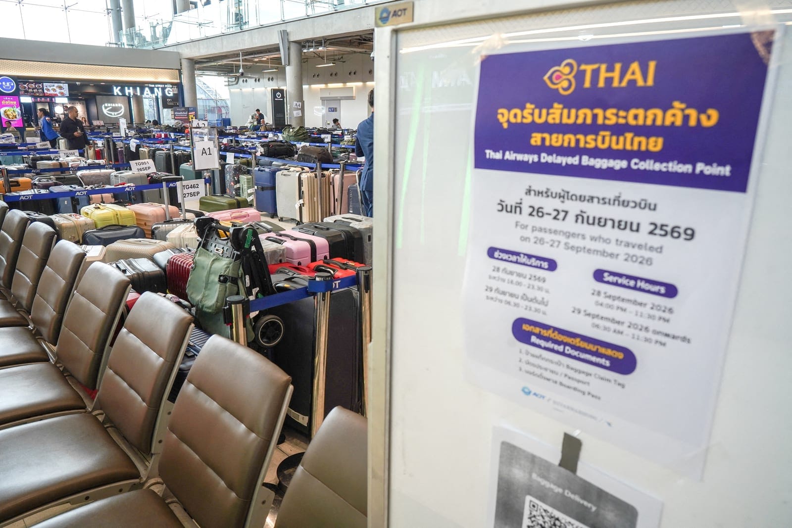 Baggage from Thai Airways flights at Suvarnabhumi International Airport, after heavy rain and flooding disrupted the airline's ground operations, in Bangkok, Thailand, September 29, 2026. REUTERS/Athit Perawongmetha