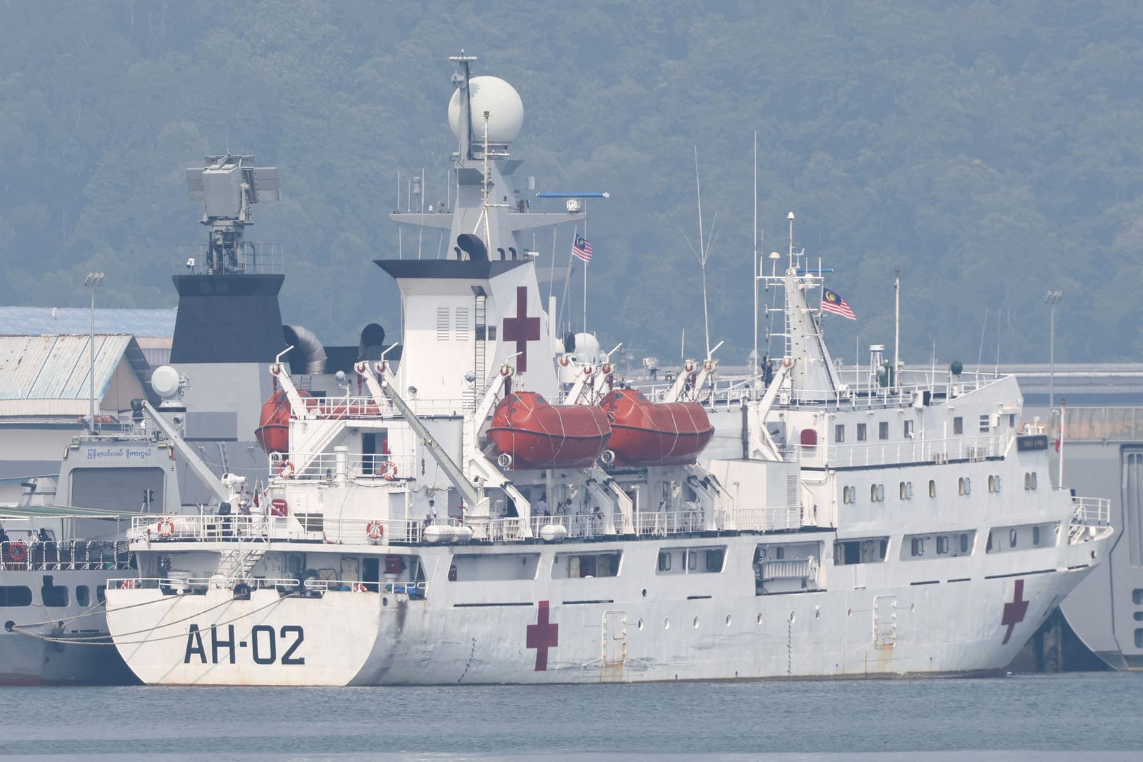 Myanmar Navy hospital vessel Thanlwin, which will be used to pick up repatriated Myanmar nationals from Malaysia, is docked at the Lumut Naval Base in Lumut, Malaysia, September 29, 2026. REUTERS/Hasnoor Hussain