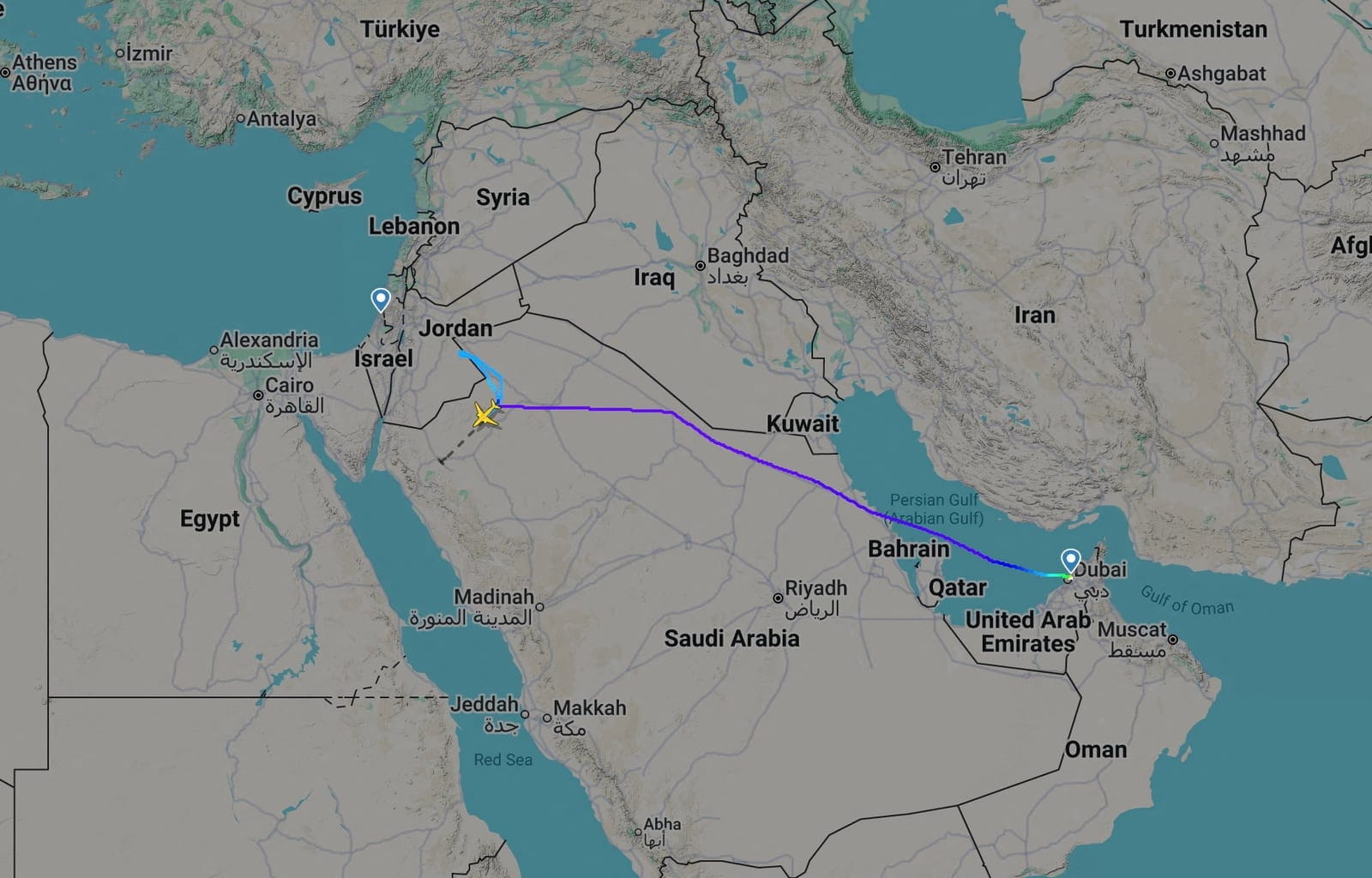 A screengrab taken from Flightradar24 shows a flydubai flight to Israel which was diverted to Saudi Arabia September 30, 2026. Flightradar24.com/Handout via REUTERS REUTERS/Flightradar24.com