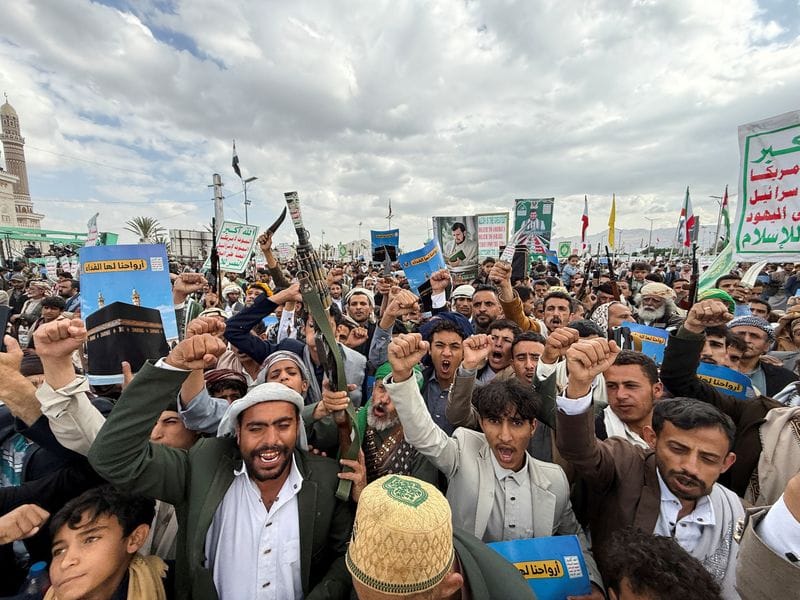 FILE PHOTO: Houthi supporters rally to celebrate advances by Houthi forces along the Red Sea coastline, in Sanaa