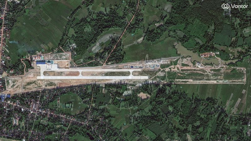 A satellite image shows a new China-Laos joint training facility, with a runway that is being expanded, in Ban Keun