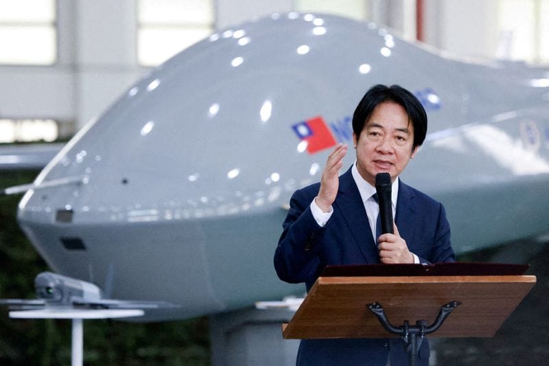 FILE PHOTO: Taiwan President Lai Ching-te speaks in front of a Teng Yun unmanned aerial vehicle during a visit to the National Chung-Shan Institute of Science and Technology (NCSIST) to