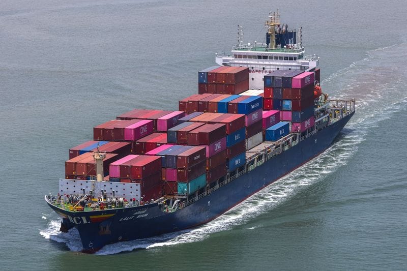 A container ship is seen near the Hai Phong International Container Terminal