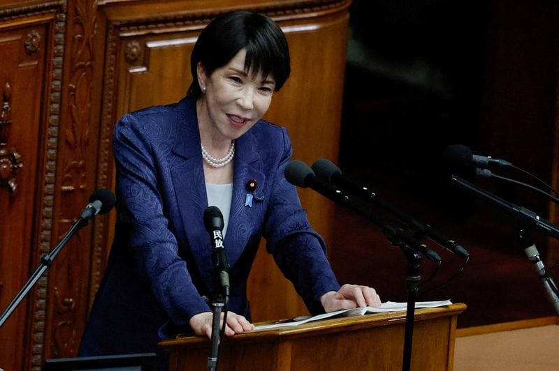 FILE PHOTO: Japan's Prime Minister Sanae Takaichi delivers policy speech at the parliament, in Tokyo