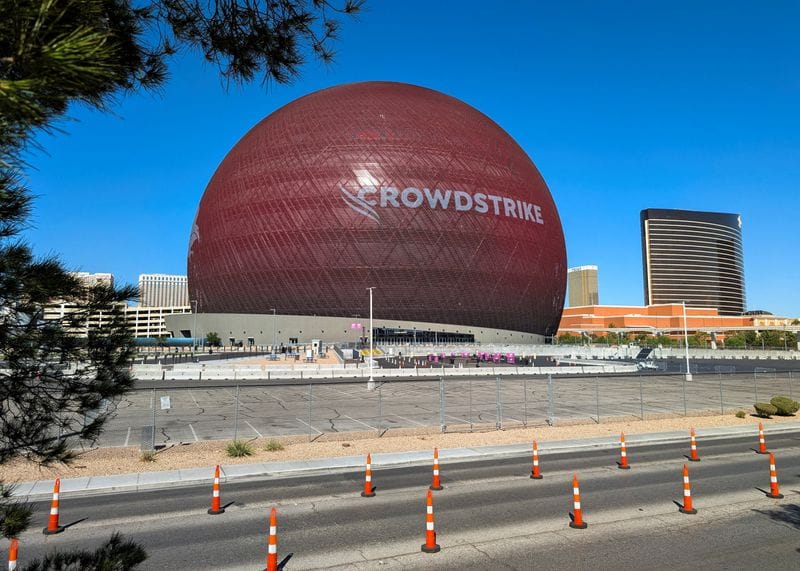 The CrowdStrike logo is displayed on the building known as Sphere in Las Vegas