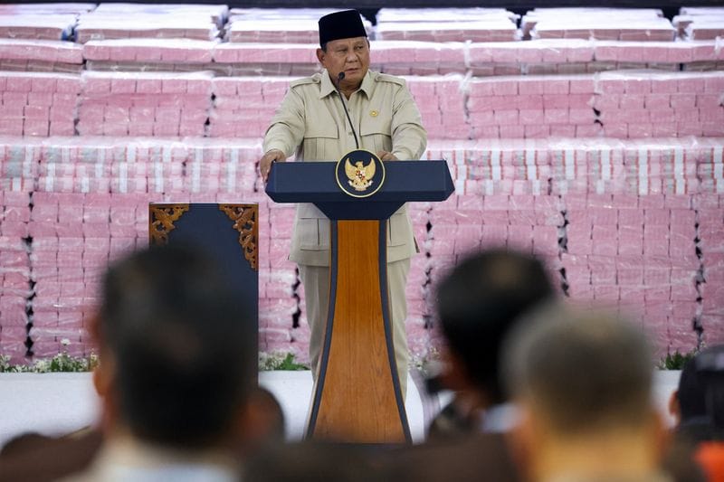 Indonesian President Prabowo Subianto speaks at a ceremony marking the work of his forestry task force in Jakarta