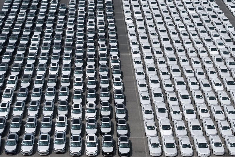 New cars at an export terminal at the port in Shanghai