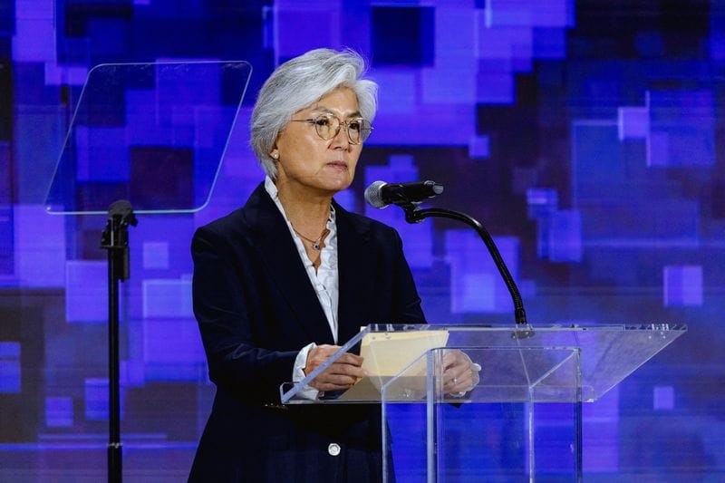 Ambassador of The Republic of Korea to the U.S., Kang Kyung-wha, speaks at a groundbreaking ceremony for an advanced packaging production facility for memory chips used in AI applications