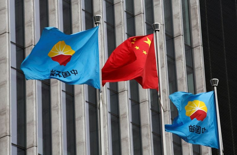 FILE PHOTO: A Chinese national flag flutters between PetroChina's flags at headquarters in Beijing