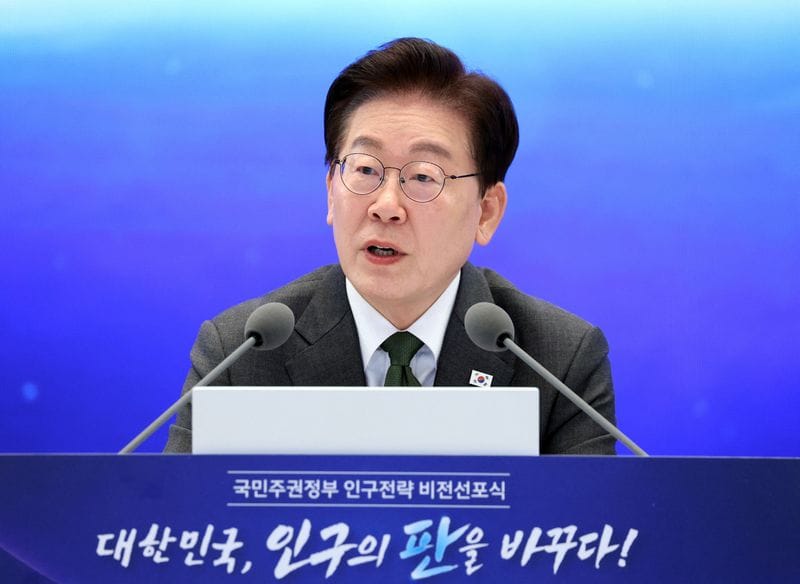 South Korean President Lee Jae Myung speaks during the government’s population strategy vision declaration event at the Presidential Blue House in Seoul